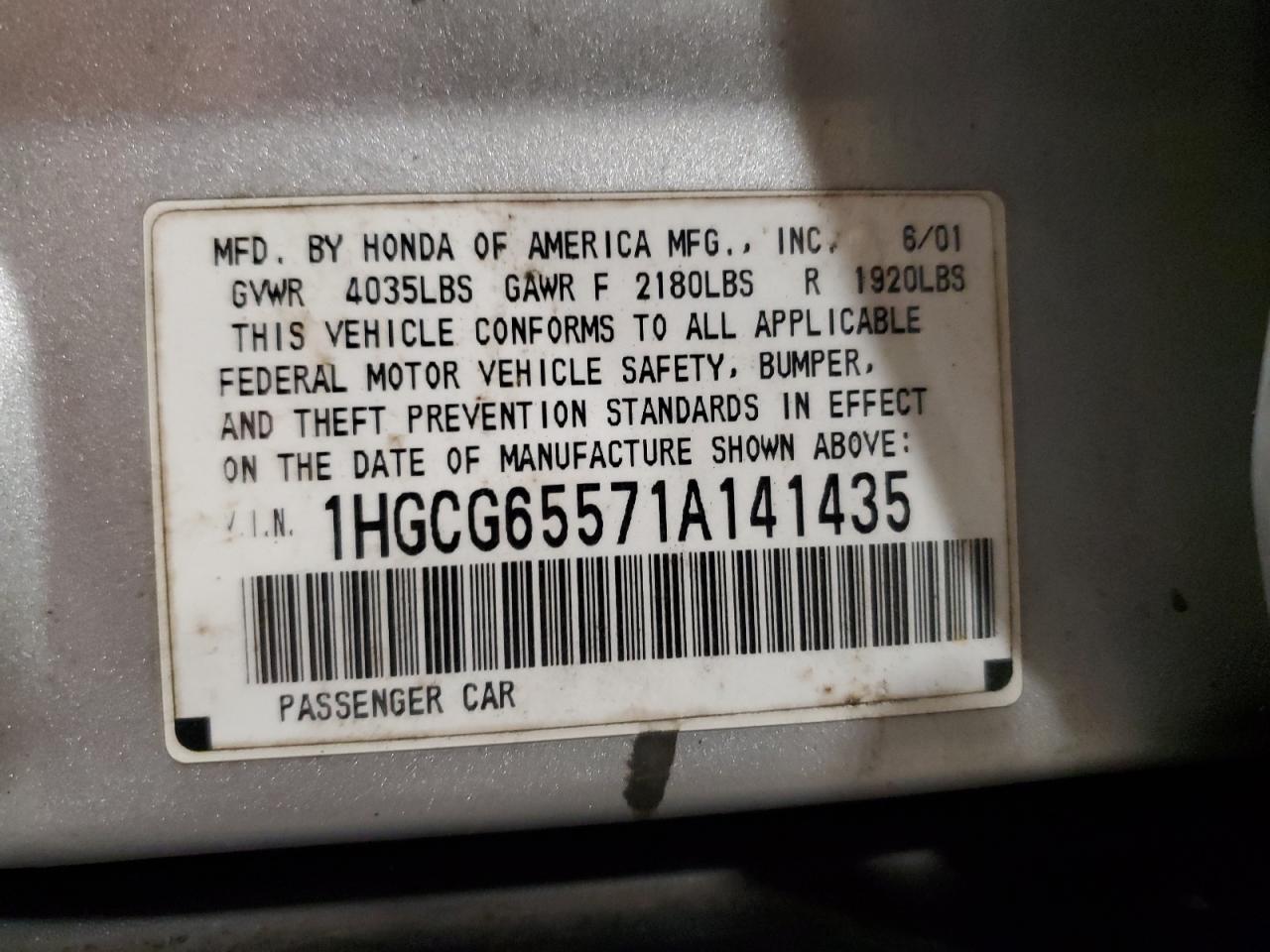 1HGCG65571A141435 2001 Honda Accord Lx