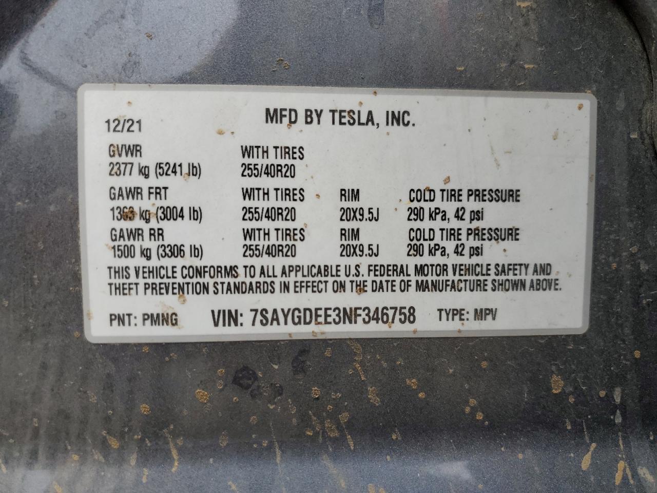 2022 Tesla Model Y VIN: 7SAYGDEE3NF346758 Lot: 73027764