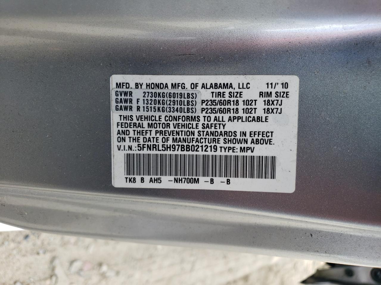 5FNRL5H97BB021219 2011 Honda Odyssey Touring