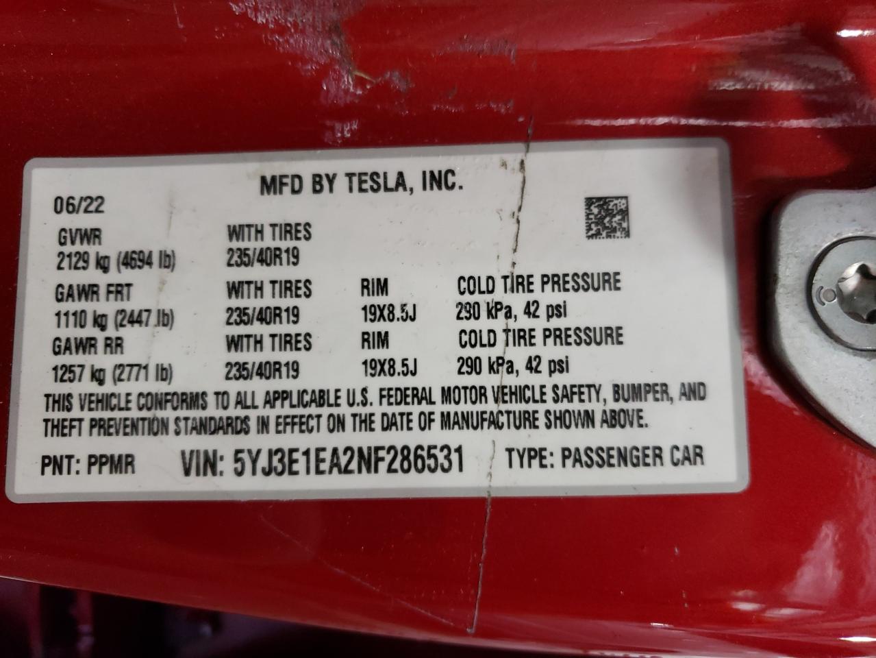 5YJ3E1EA2NF286531 2022 Tesla Model 3