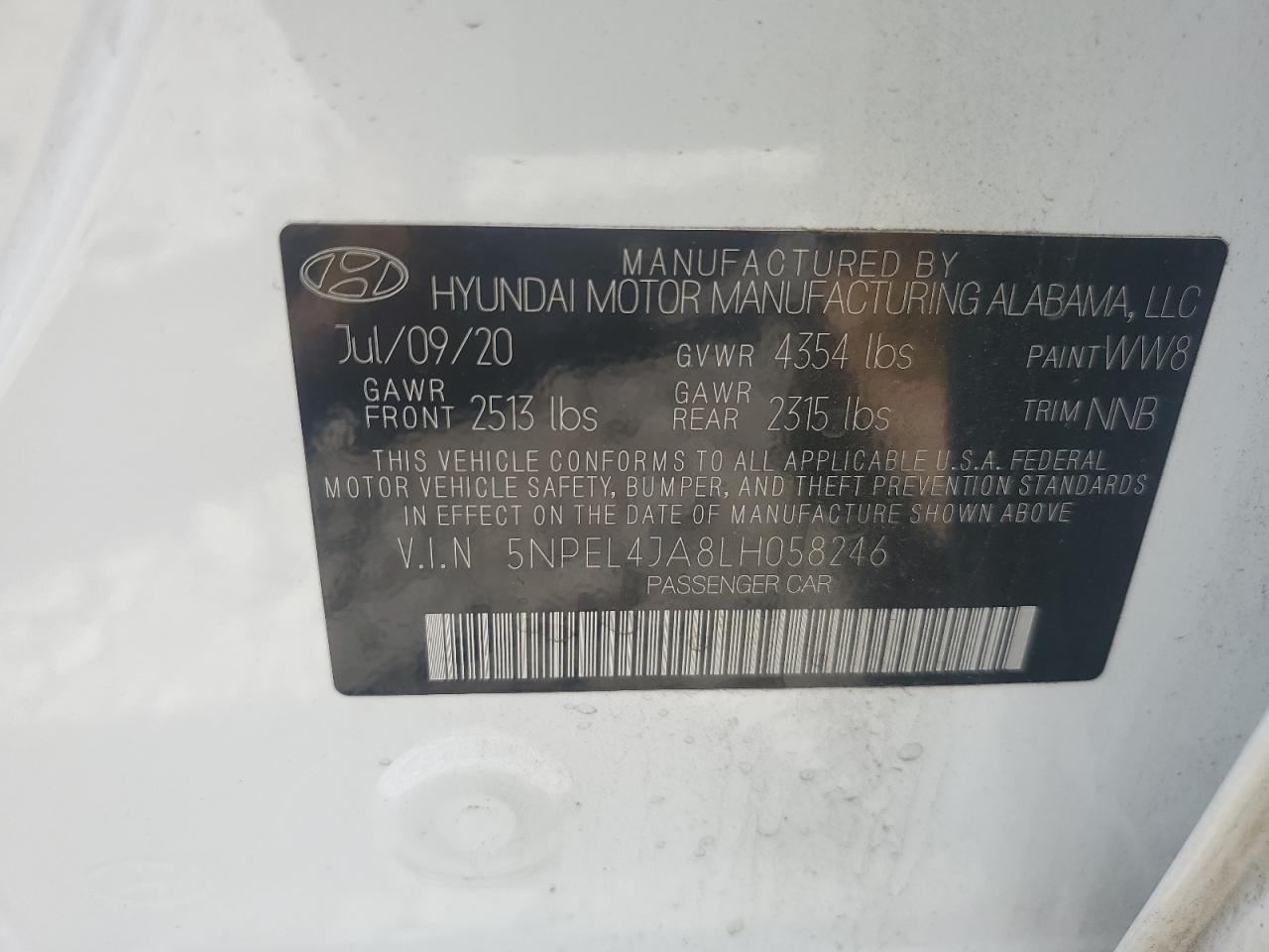 5NPEL4JA8LH058246 2020 Hyundai Sonata Sel