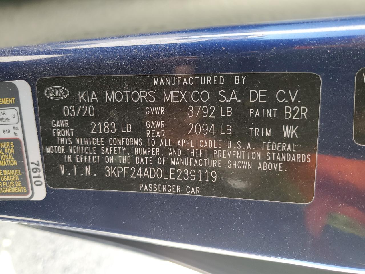 3KPF24AD0LE239119 2020 Kia Forte Fe