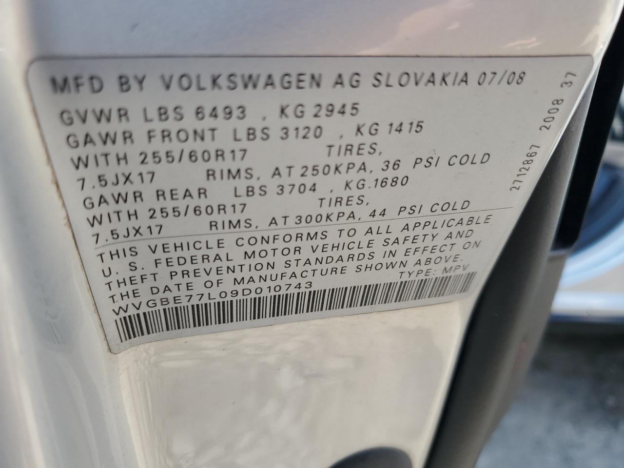 WVGBE77L09D010743 2009 Volkswagen Touareg 2 V6