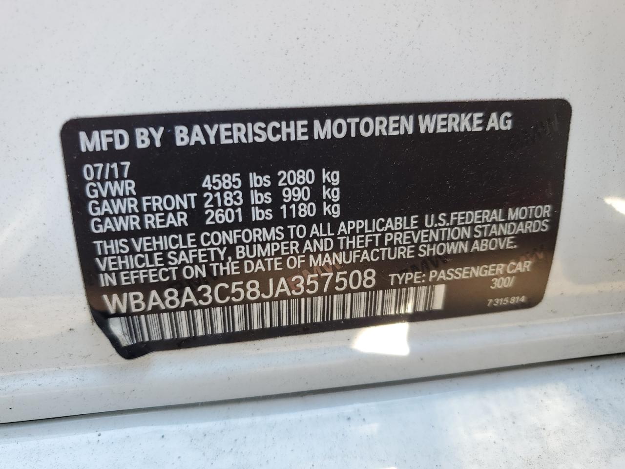 WBA8A3C58JA357508 2018 BMW 320 Xi