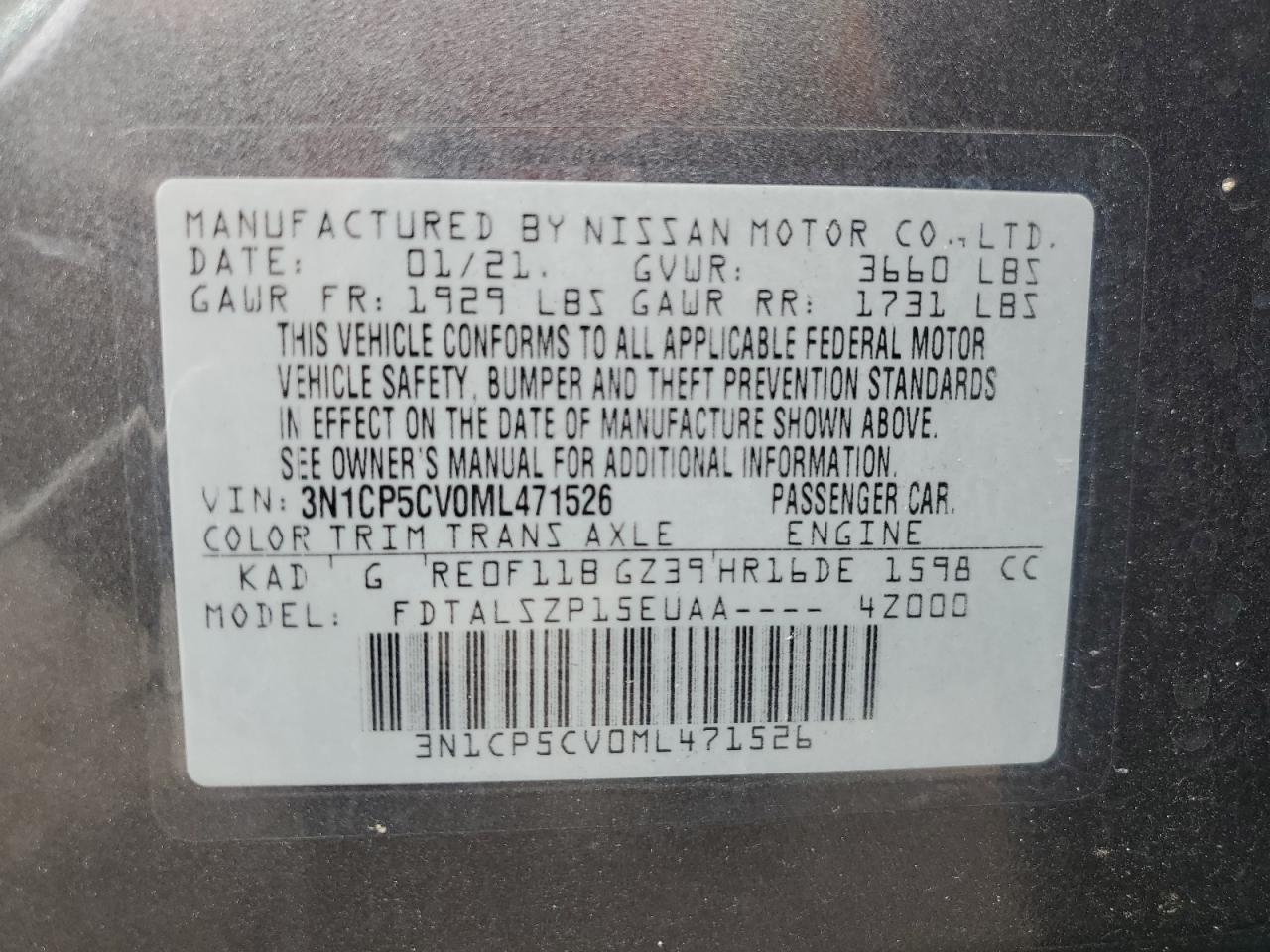 3N1CP5CV0ML471526 2021 Nissan Kicks Sv