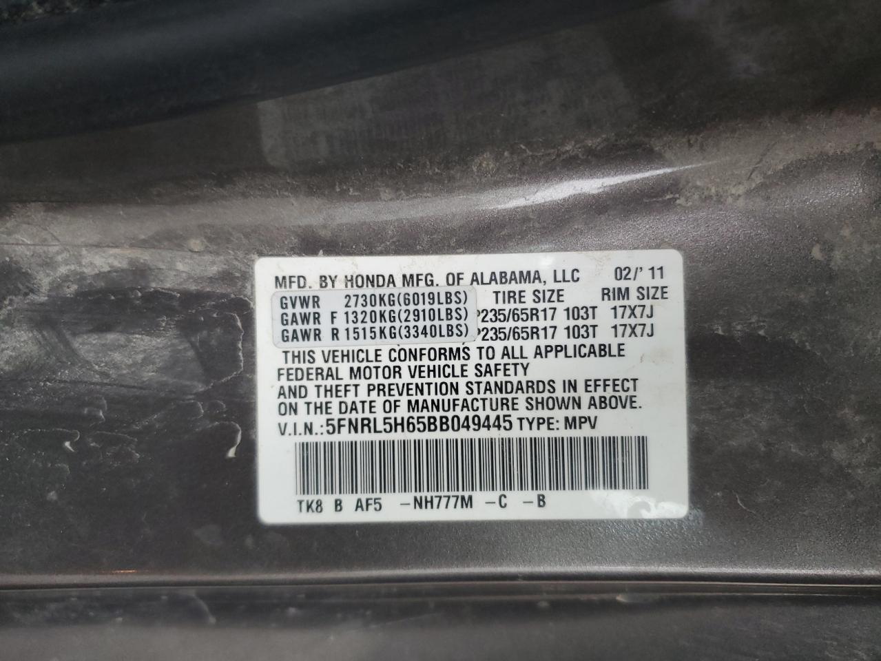 5FNRL5H65BB049445 2011 Honda Odyssey Exl