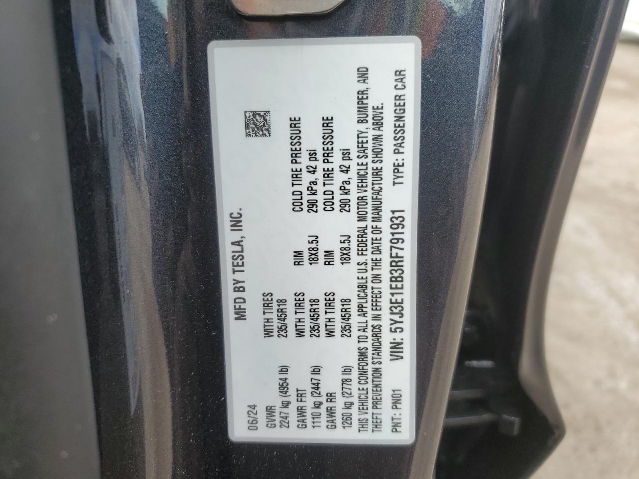 5YJ3E1EB3RF791931 2024 Tesla Model 3