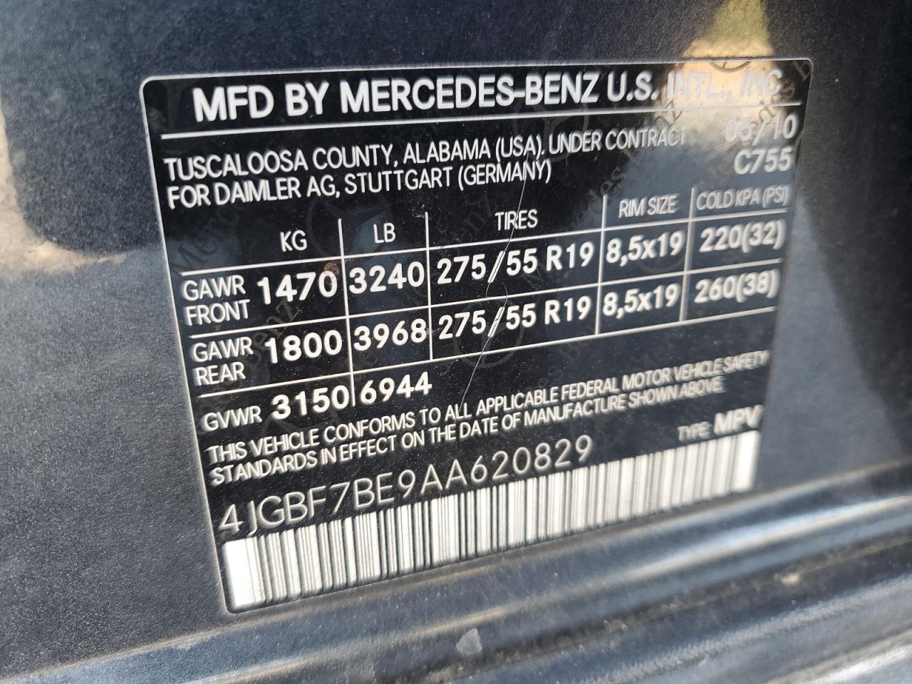 2010 Mercedes-Benz Gl 450 4Matic VIN: 4JGBF7BE9AA620829 Lot: 69792084