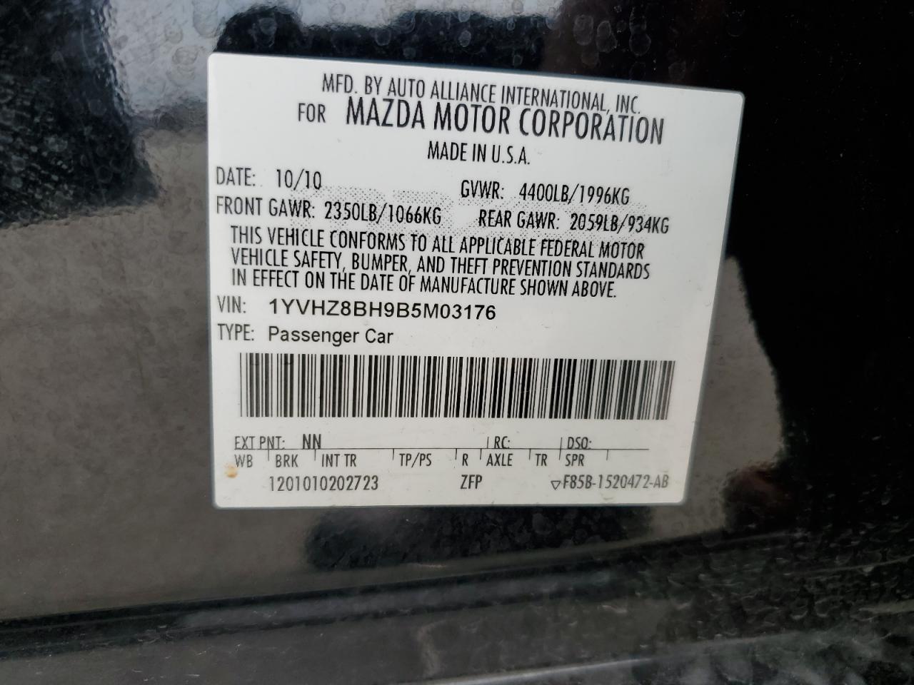 1YVHZ8BH9B5M03176 2011 Mazda 6 I