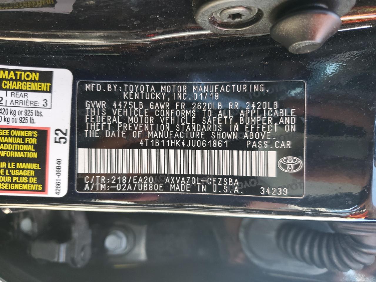 4T1B11HK4JU061861 2018 Toyota Camry L