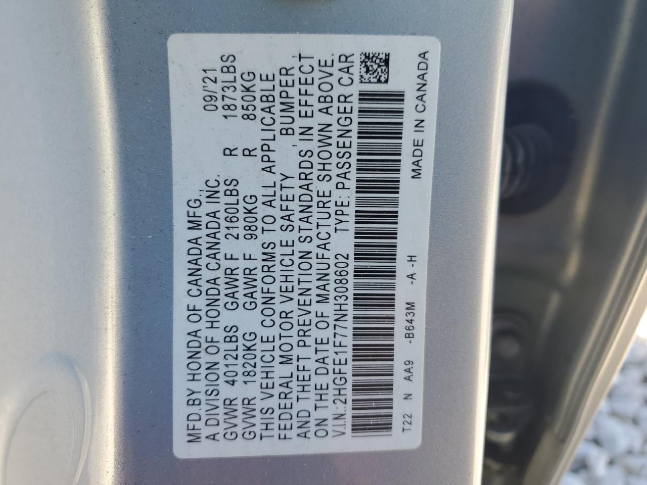 2HGFE1F77NH308602 2022 Honda Civic Ex
