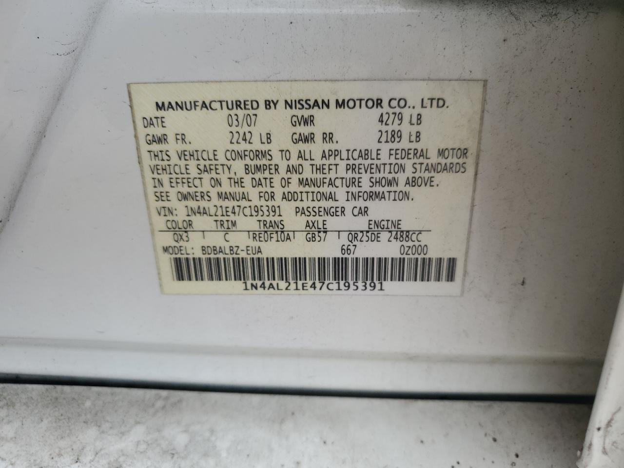 1N4AL21E47C195391 2007 Nissan Altima 2.5