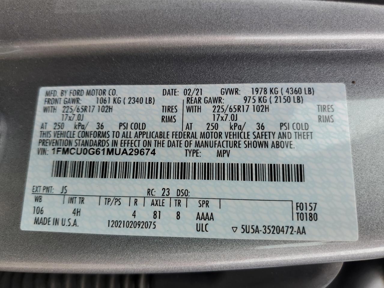 2021 Ford Escape Se VIN: 1FMCU0G61MUA29674 Lot: 69662254