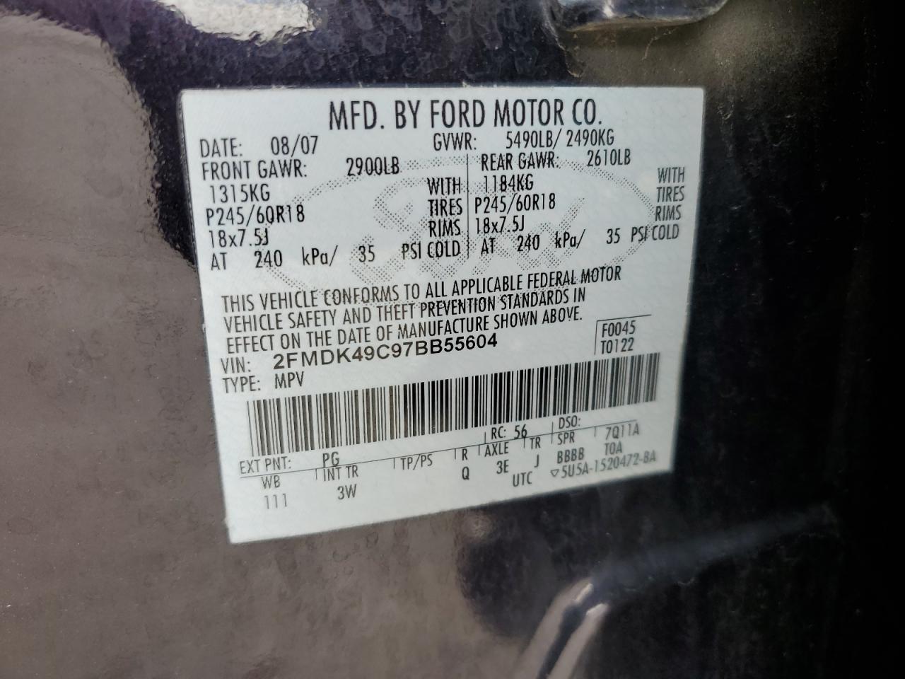 2007 Ford Edge Sel Plus VIN: 2FMDK49C97BB55604 Lot: 71312964