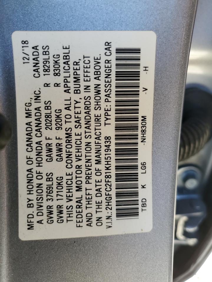 2HGFC2F81KH519438 2019 Honda Civic Sport