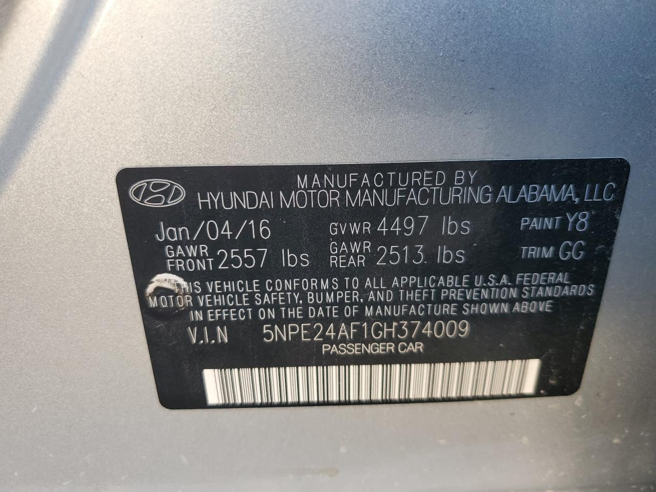 5NPE24AF1GH374009 2016 Hyundai Sonata Se