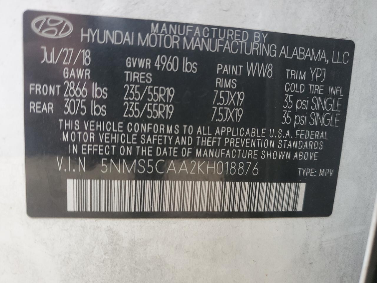 5NMS5CAA2KH018876 2019 Hyundai Santa Fe Limited