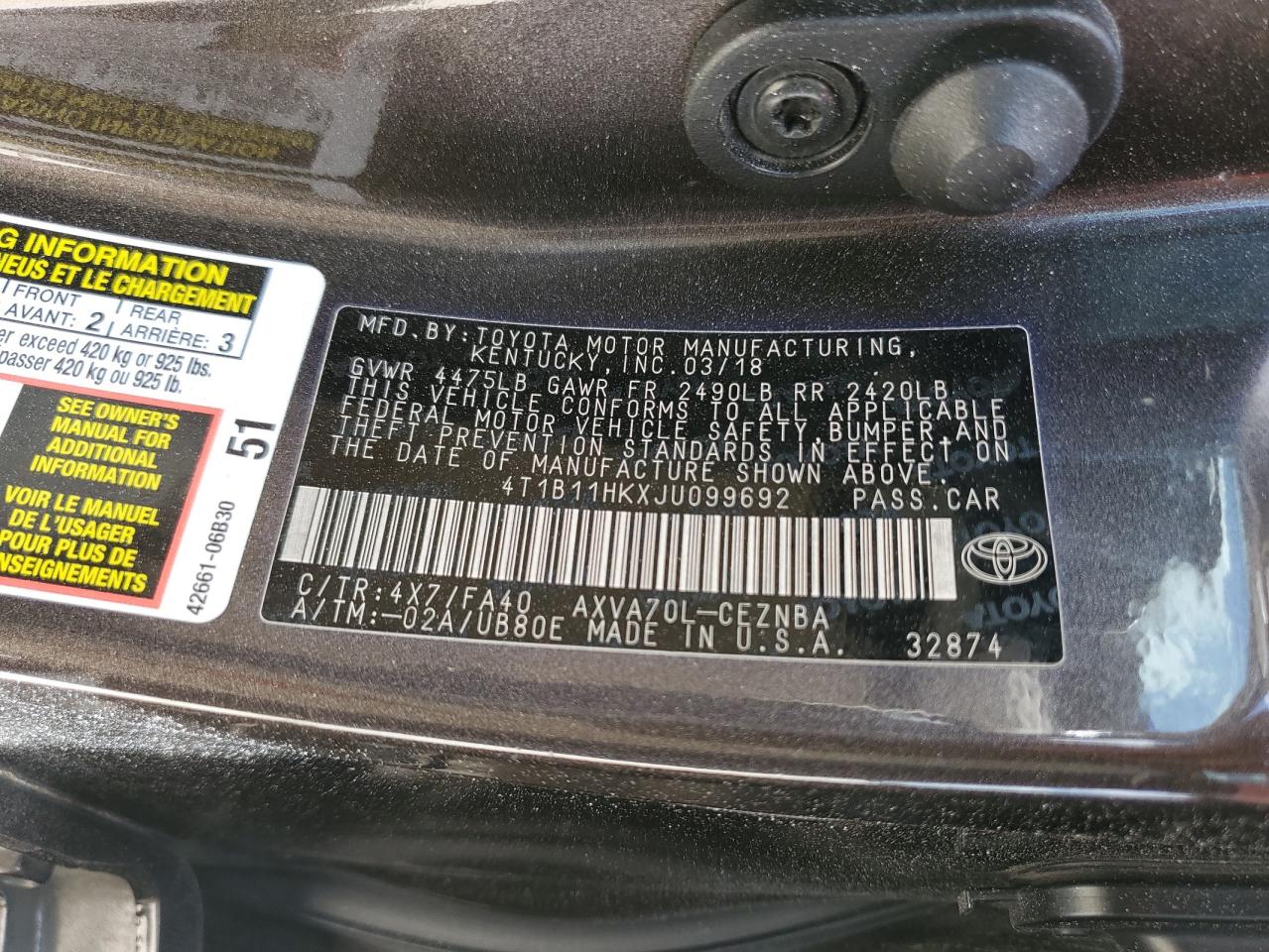 4T1B11HKXJU099692 2018 Toyota Camry L