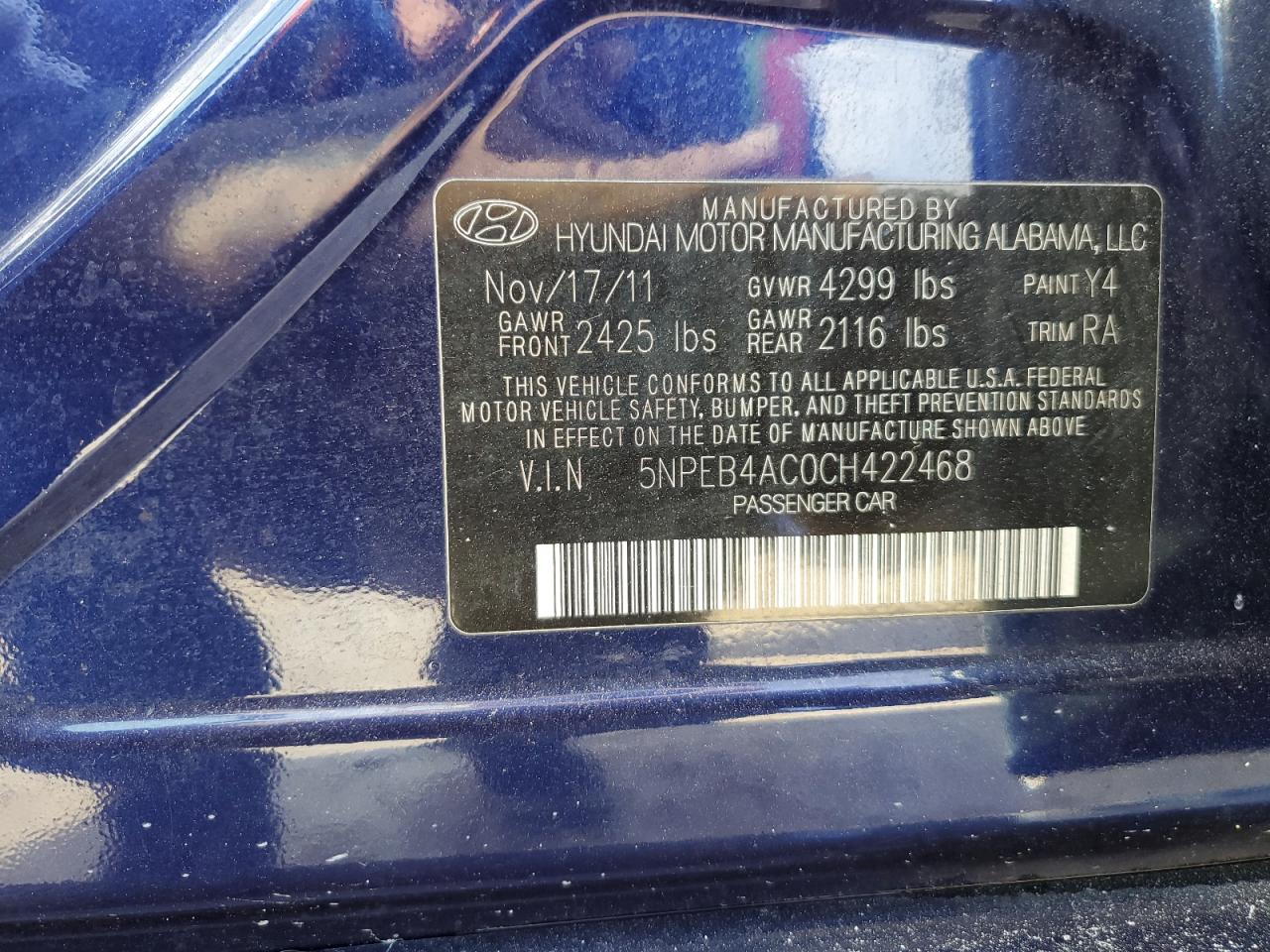 5NPEB4AC0CH422468 2012 Hyundai Sonata Gls