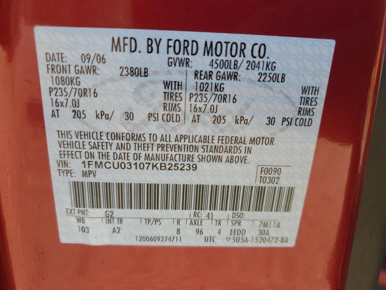 2007 Ford Escape Xlt VIN: 1FMCU03107KB25239 Lot: 67839734