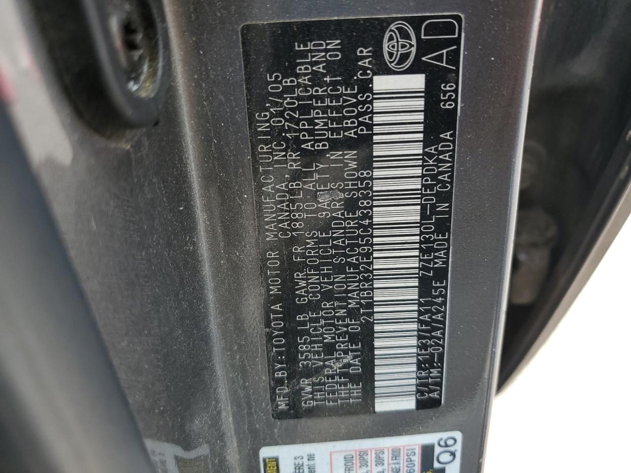 2005 Toyota Corolla Ce VIN: 2T1BR32E95C438358 Lot: 71412494