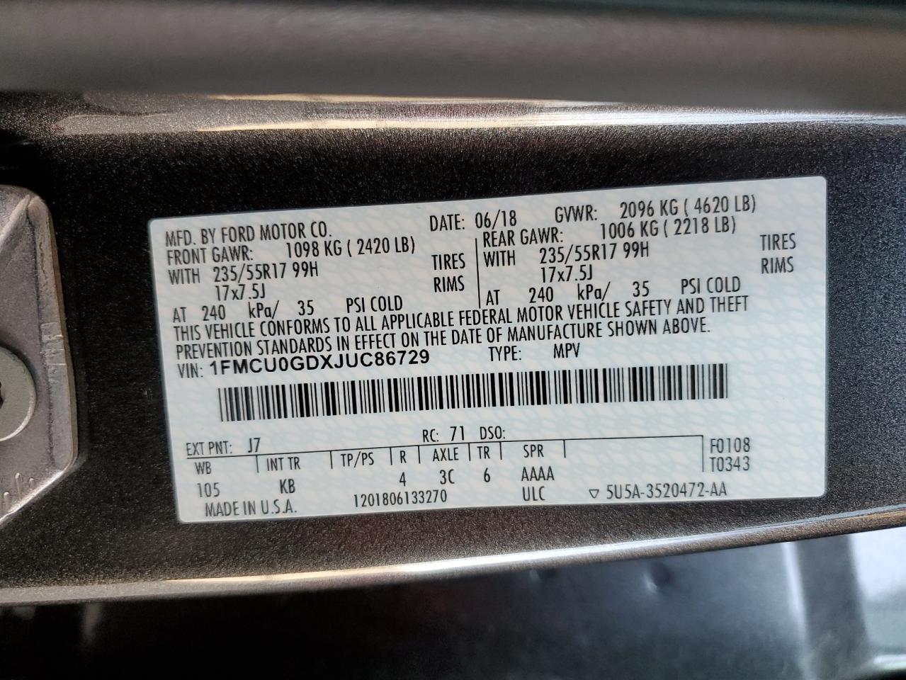 1FMCU0GDXJUC86729 2018 Ford Escape Se