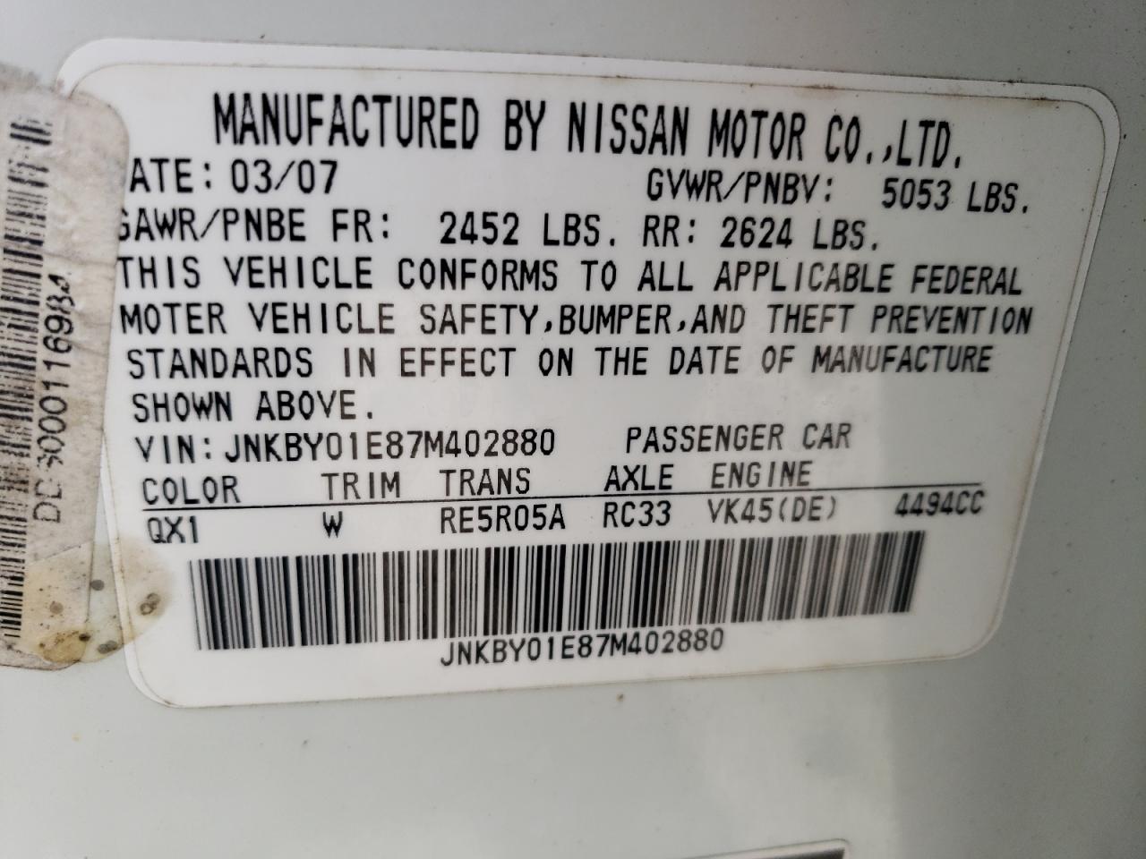 JNKBY01E87M402880 2007 Infiniti M45 Base