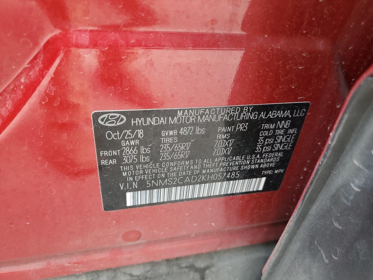 5NMS2CAD2KH057485 2019 Hyundai Santa Fe Se