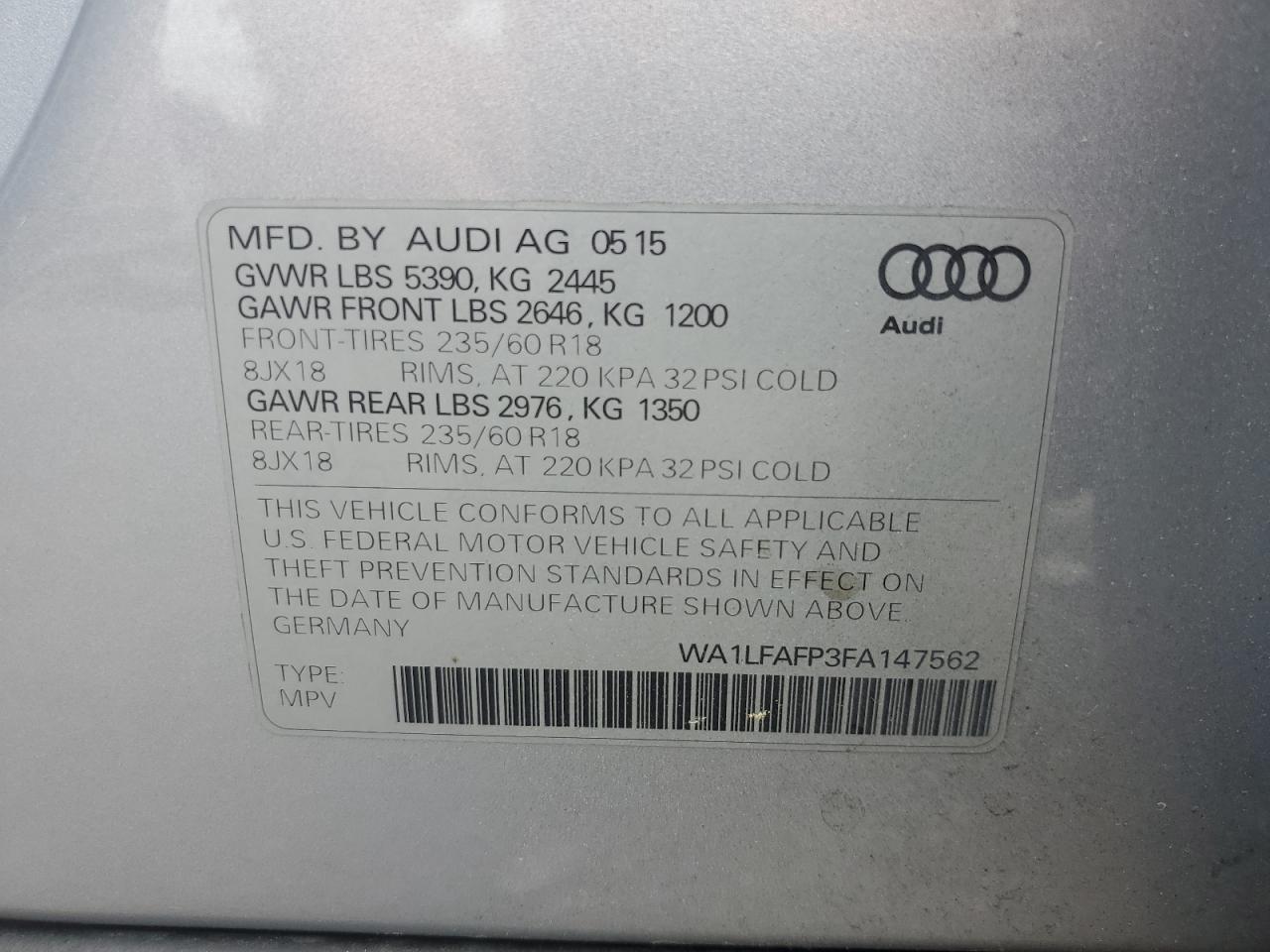 2015 Audi Q5 Premium Plus VIN: WA1LFAFP3FA147562 Lot: 72709454