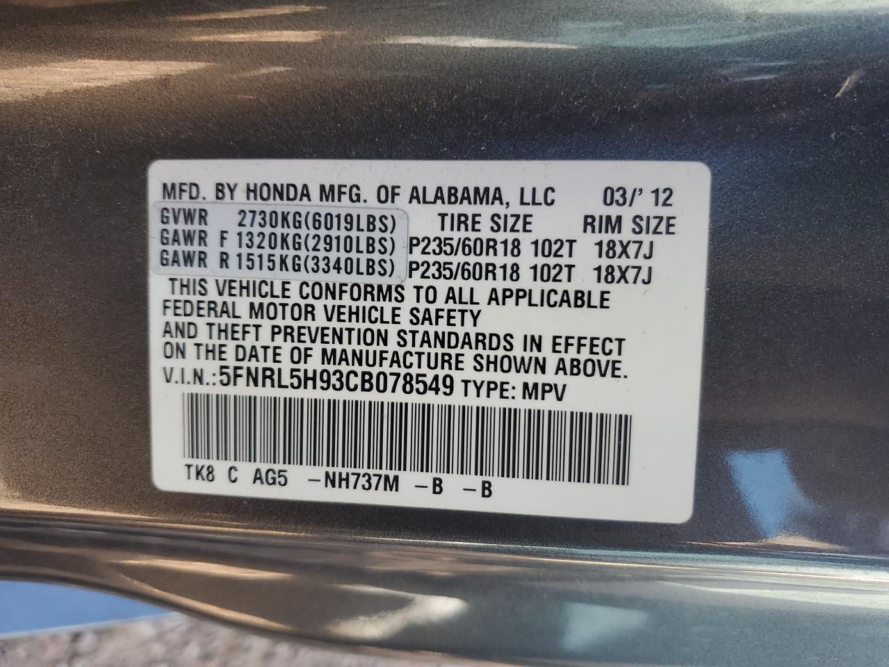 5FNRL5H93CB078549 2012 Honda Odyssey Touring