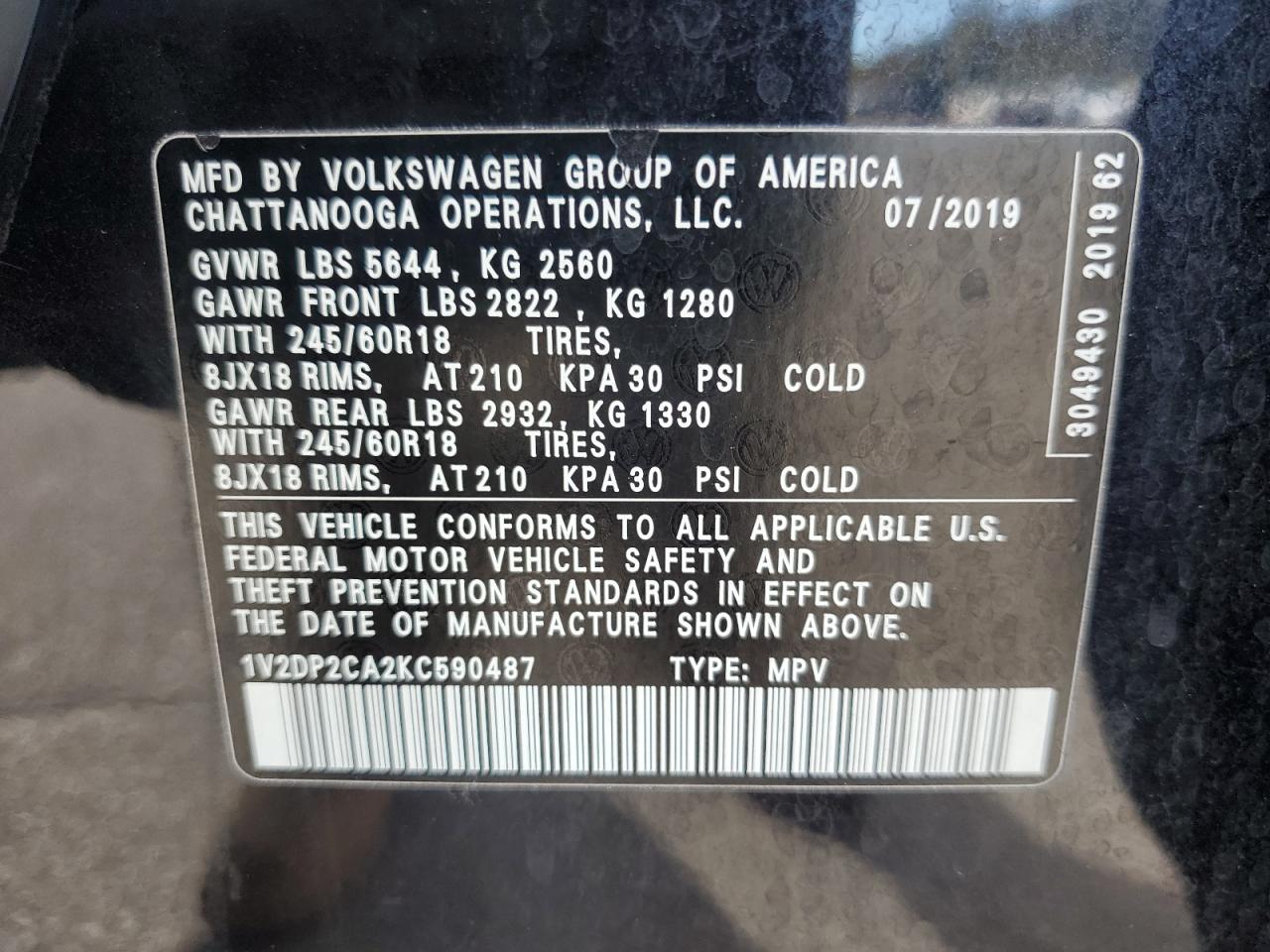 2019 Volkswagen Atlas Se VIN: 1V2DP2CA2KC590487 Lot: 73370854