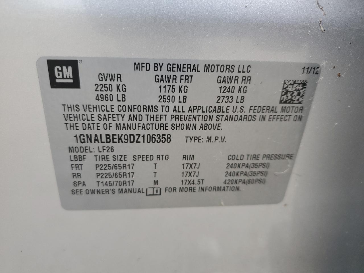 1GNALBEK9DZ106358 2013 Chevrolet Equinox Ls