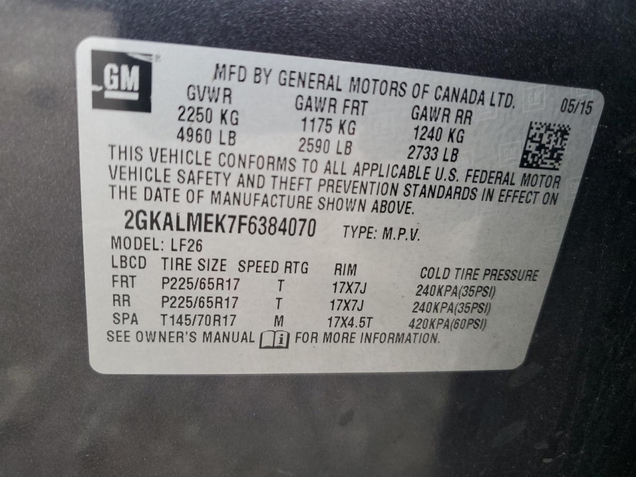 2GKALMEK7F6384070 2015 GMC Terrain Sle