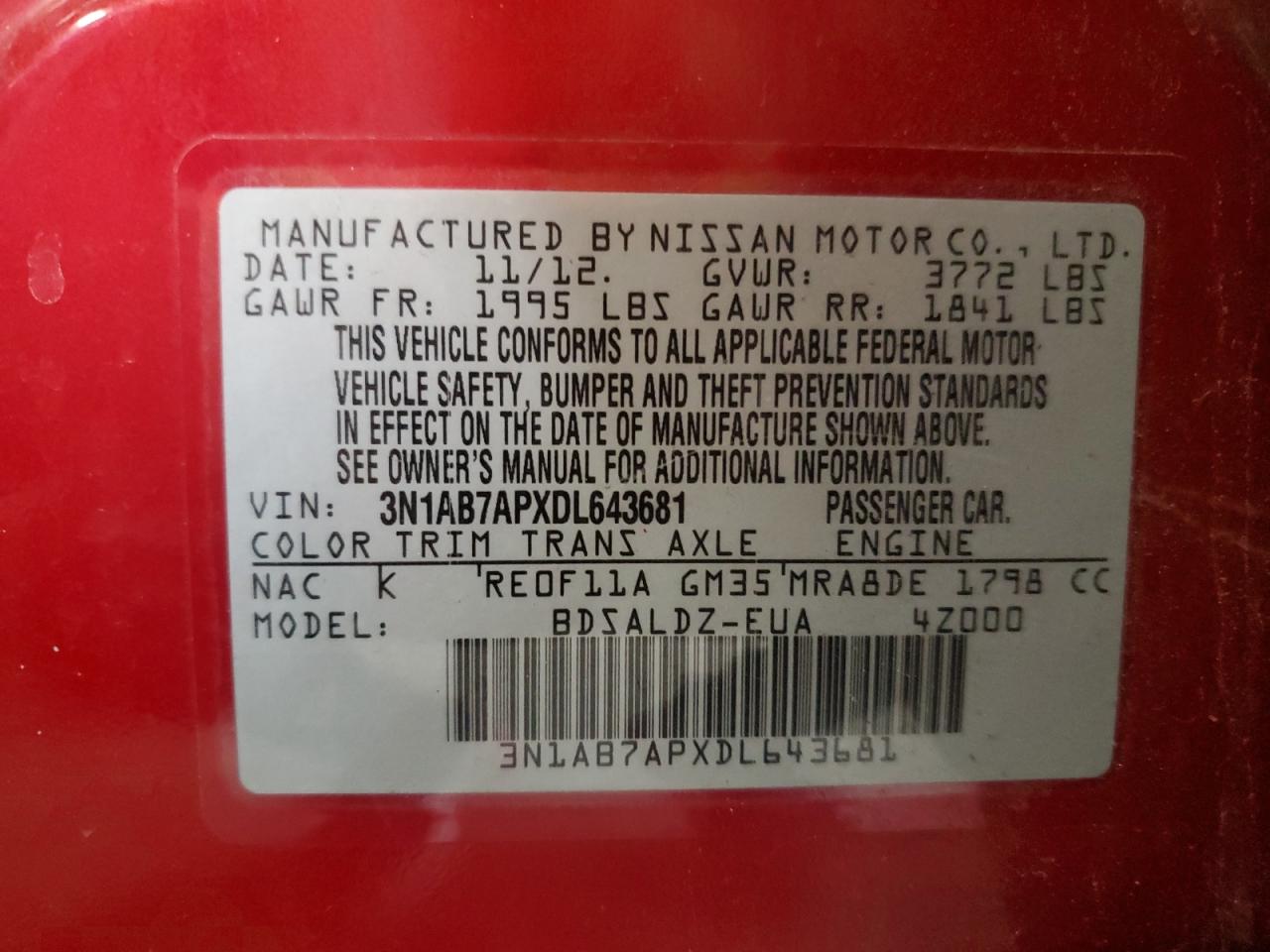 3N1AB7APXDL643681 2013 Nissan Sentra S