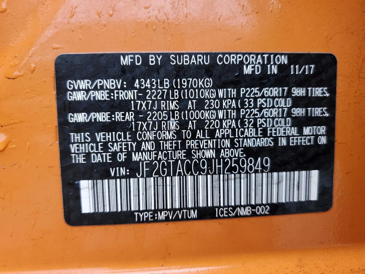 JF2GTACC9JH259849 2018 Subaru Crosstrek Premium