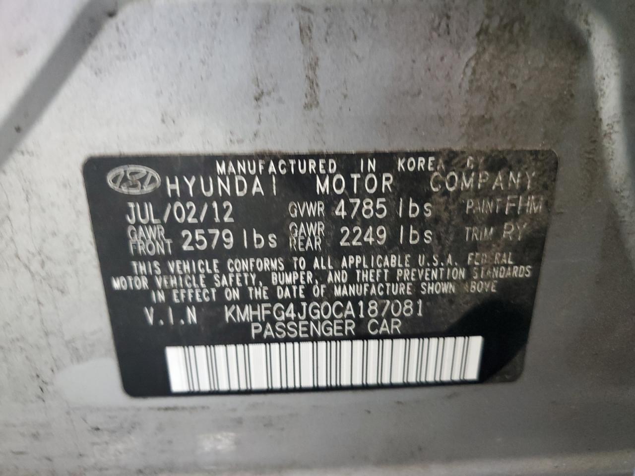 KMHFG4JG0CA187081 2012 Hyundai Azera Gls