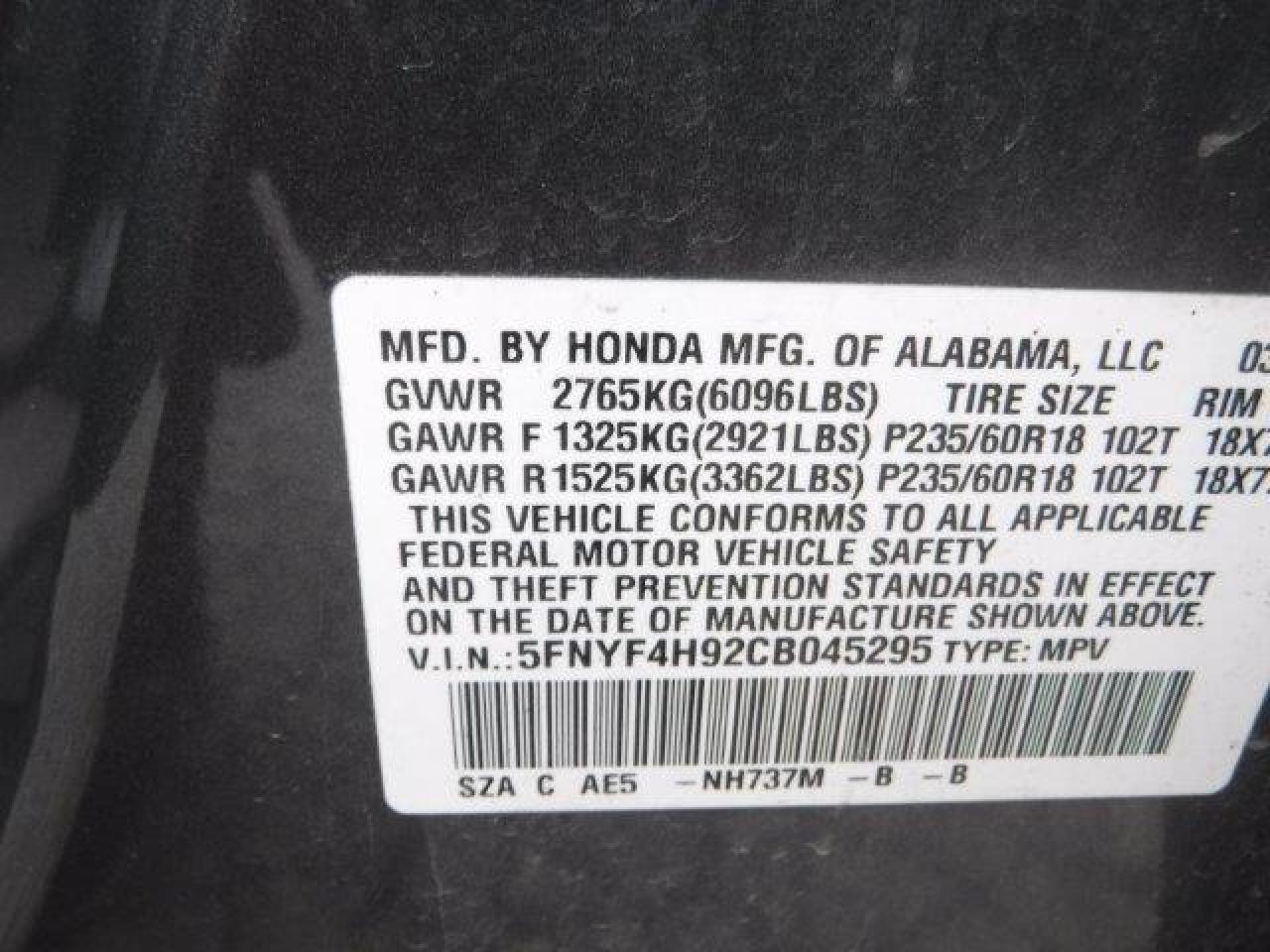 5FNYF4H92CB045295 2012 Honda Pilot Touring