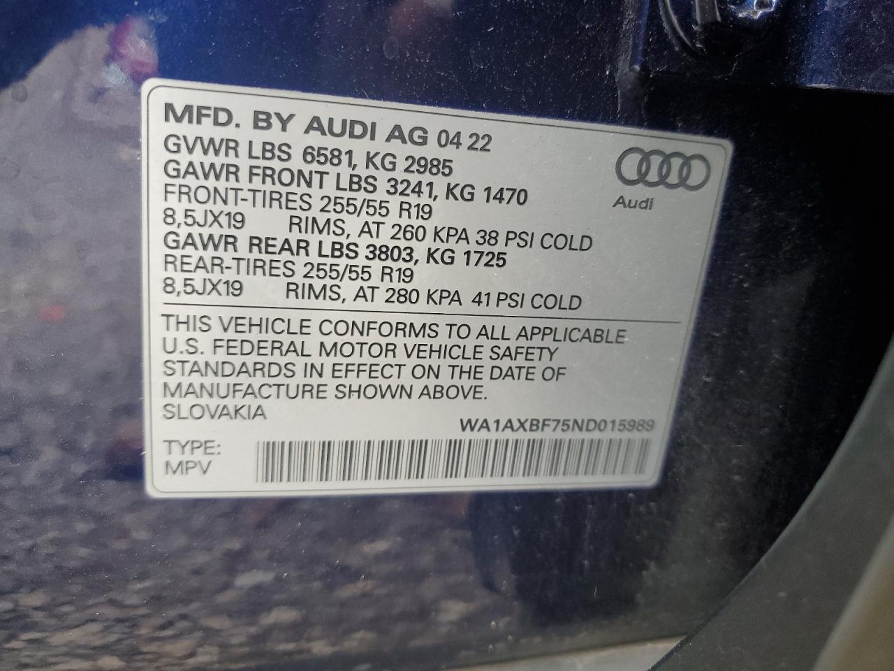 2022 Audi Q7 Premium VIN: WA1AXBF75ND015989 Lot: 73228854