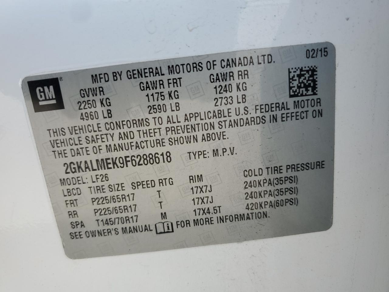 2GKALMEK9F6288618 2015 GMC Terrain Sle