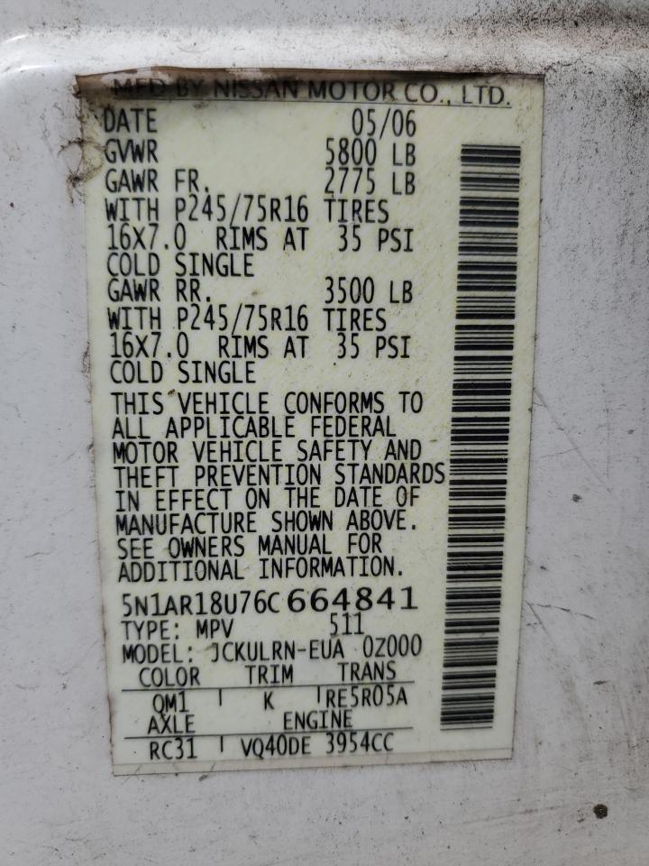 2006 Nissan Pathfinder Le VIN: 5N1AR18U76C664841 Lot: 69272824