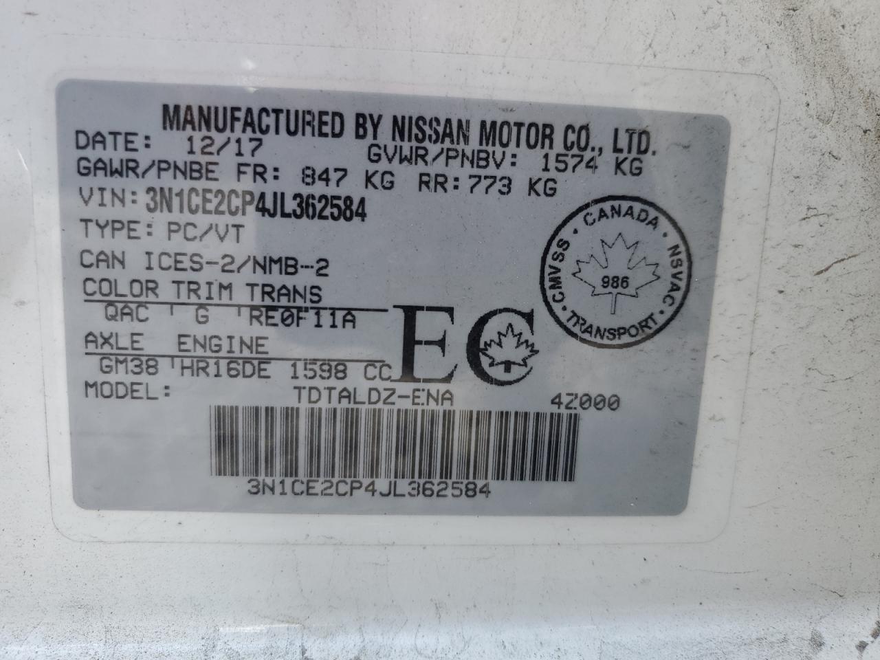 3N1CE2CP4JL362584 2018 Nissan Versa Note S