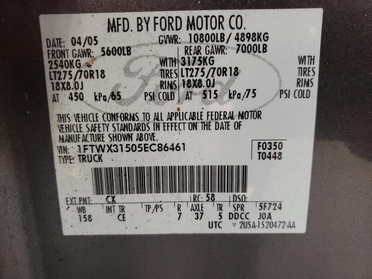 1FTWX31505EC86461 2005 Ford F350 Srw Super Duty