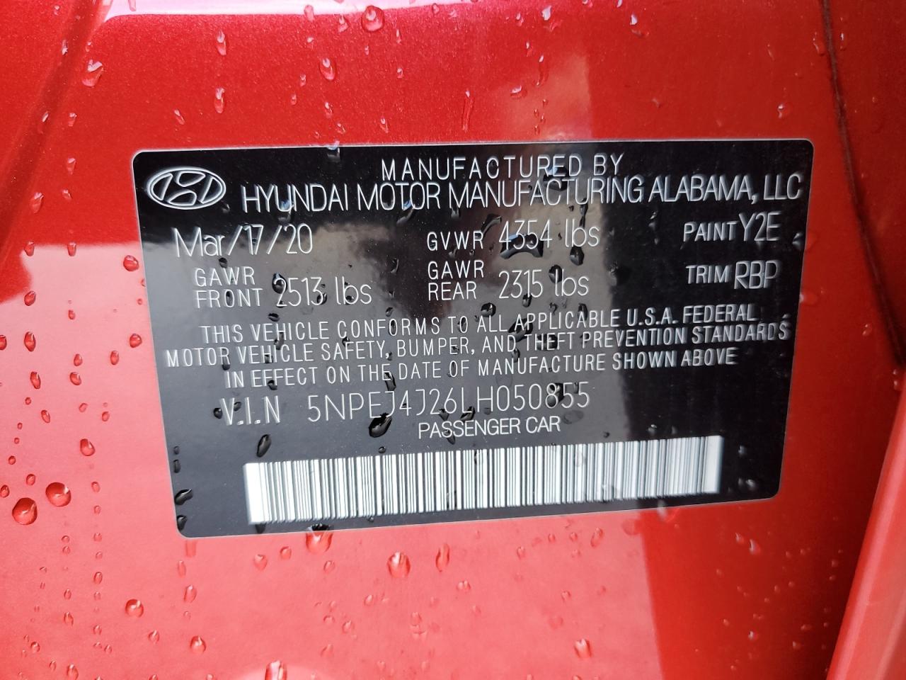 5NPEJ4J26LH050855 2020 Hyundai Sonata Sel Plus