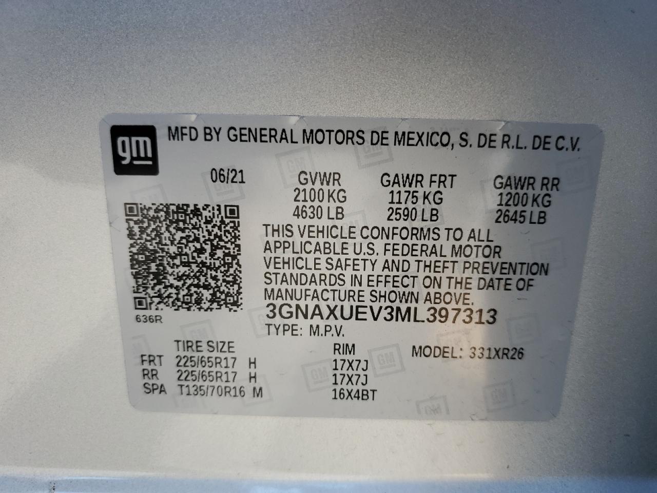 2021 Chevrolet Equinox Lt VIN: 3GNAXUEV3ML397313 Lot: 70381594