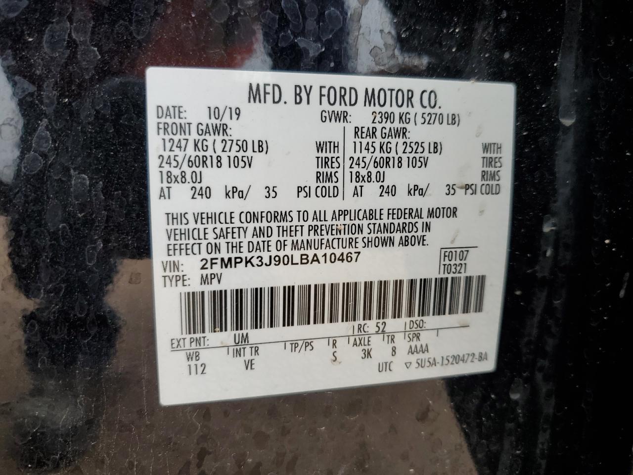 2020 Ford Edge Sel VIN: 2FMPK3J90LBA10467 Lot: 72087504