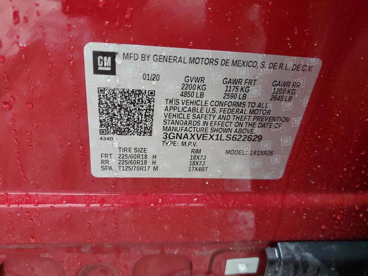 3GNAXVEX1LS622629 2020 Chevrolet Equinox Lt