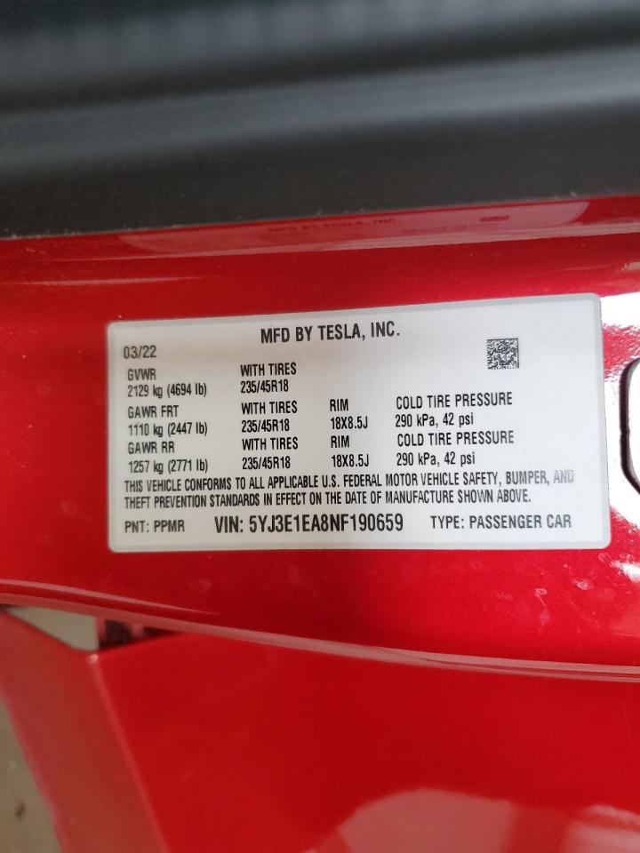 5YJ3E1EA8NF190659 2022 Tesla Model 3