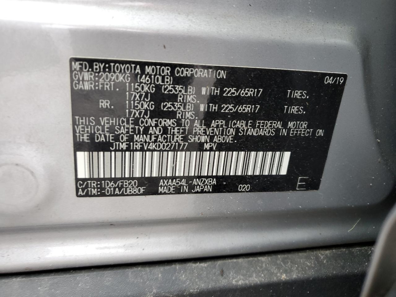 JTMF1RFV4KD027177 2019 Toyota Rav4 Le