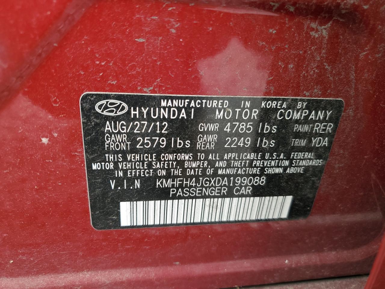 VIN KMHFH4JGXDA199088 2013 HYUNDAI AZERA no.12