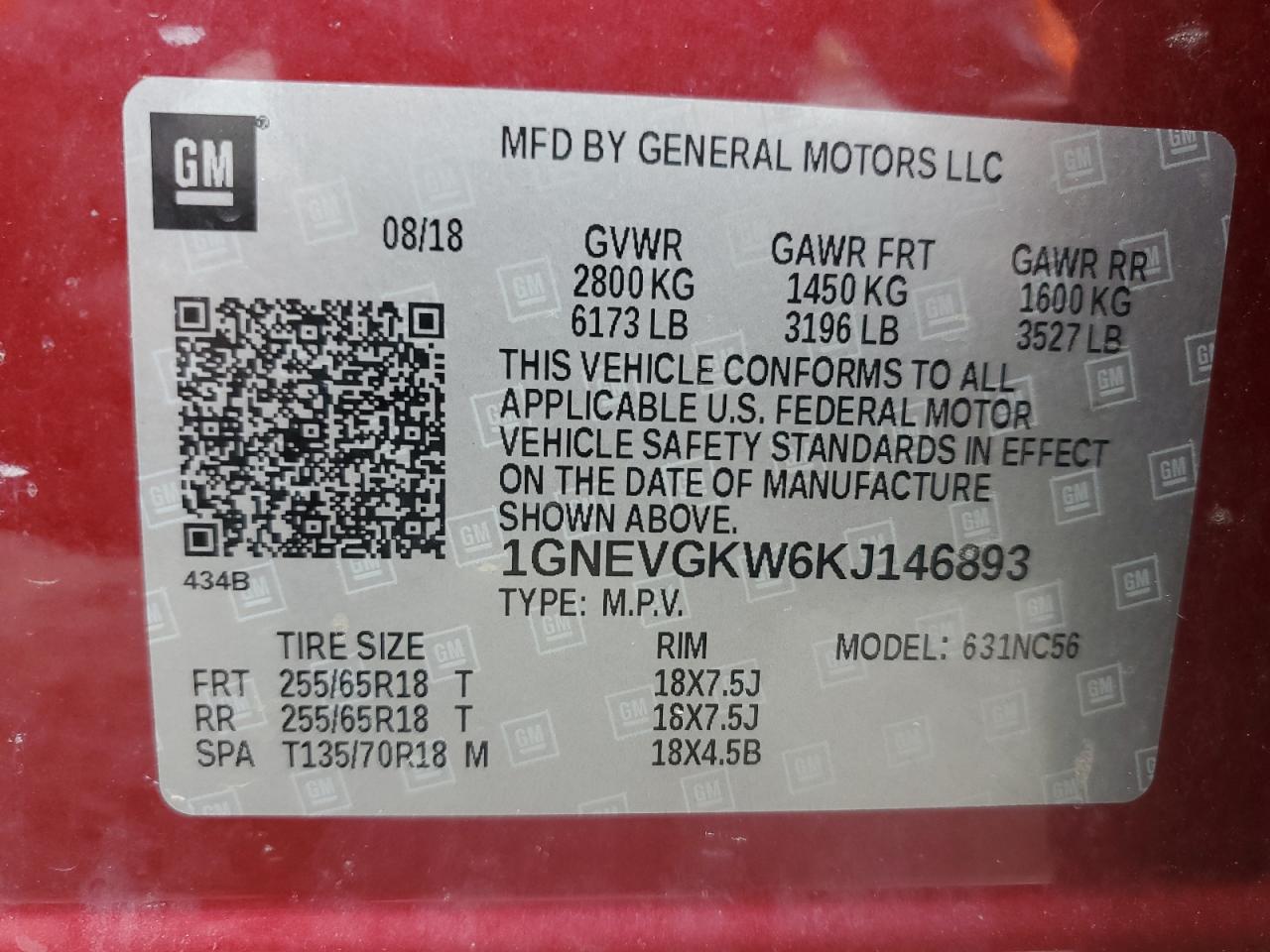 1GNEVGKW6KJ146893 2019 Chevrolet Traverse Lt